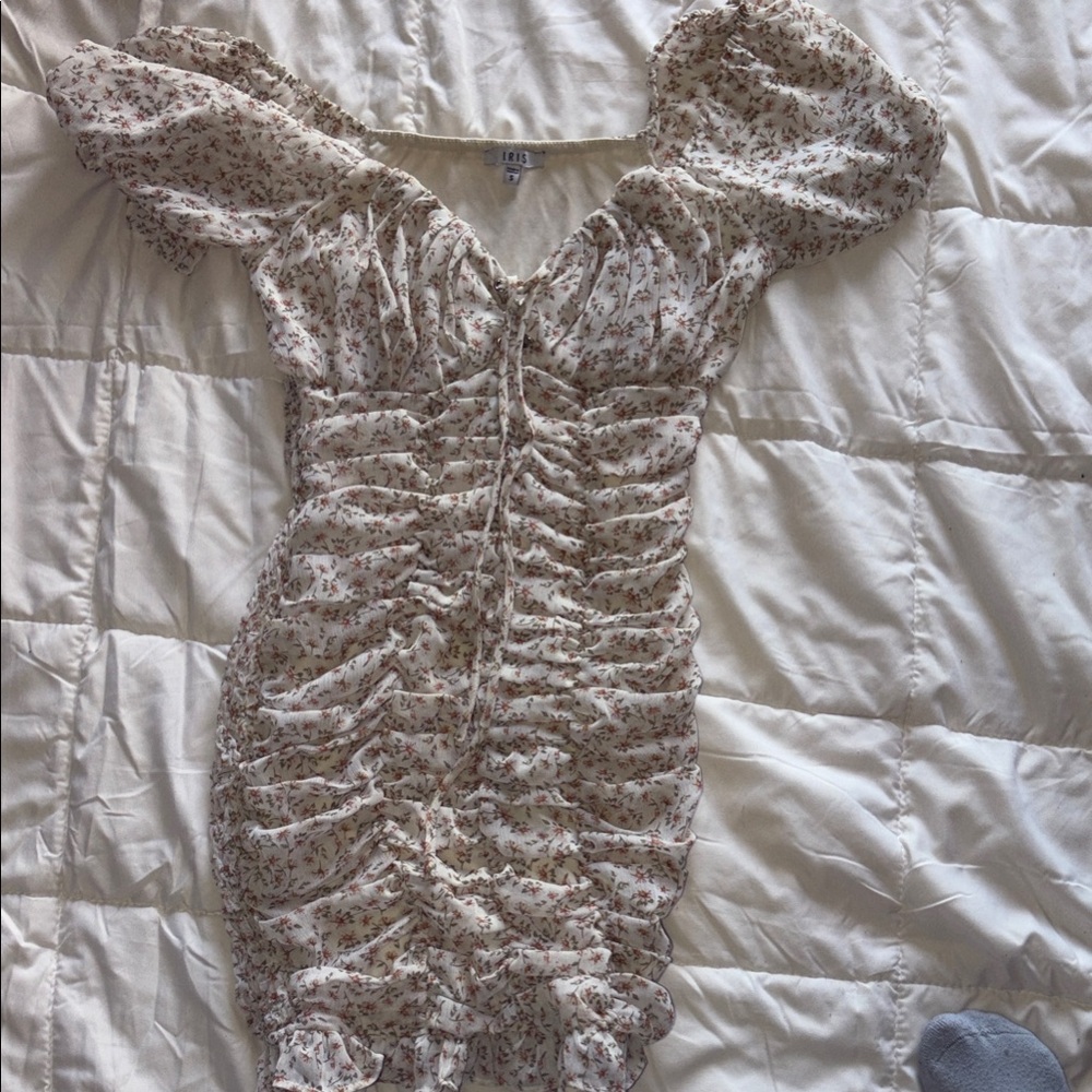 iris Cream Floral Ruched Puff-Sleeve Mini Dress